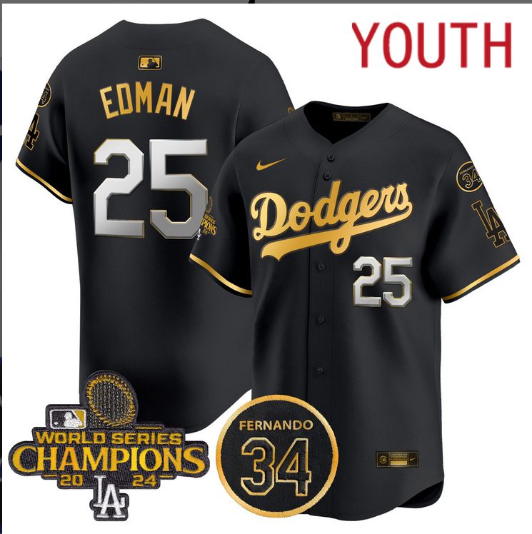 Youth MLB Los Angeles Dodgers #25 Edman black 2024 World Series Champions Patch Limited Jersey style 4